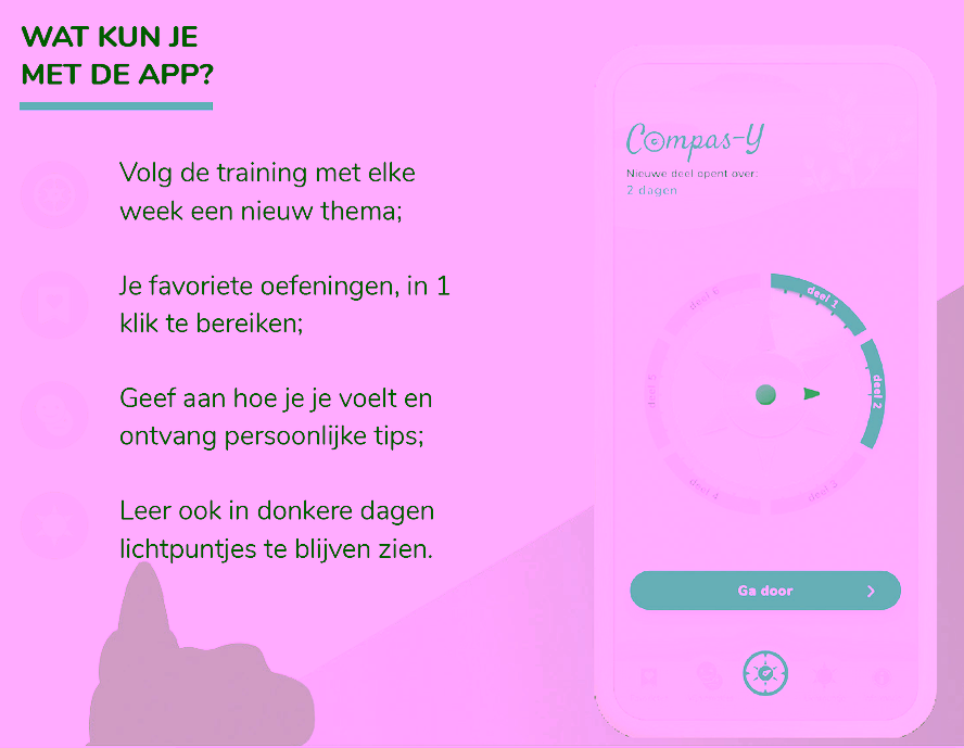Rechts de Compas-Y homepage. Links de tekst: Wat kun je met de app? - Volg de training met elke week een nieuw thema; - Je favoriete oefeningen, altijd met een klik te bereiken; Geef aan hoe je je voelt en ontvang persoonlijke tips; Leer ook in donkere dagen de lichtpuntjes te blijven zien