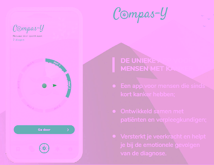 Links de homepage van de app Compas-Y. Rechts de tekst: Compas-Y, de unieke app voor mensen met kanker. Een app die mensen ondersteunt bij het omgaan met lichamelijke en psychische klachten tijdens en na behandeling; ontwikkeld samen met patienten en verpleegkundigen.